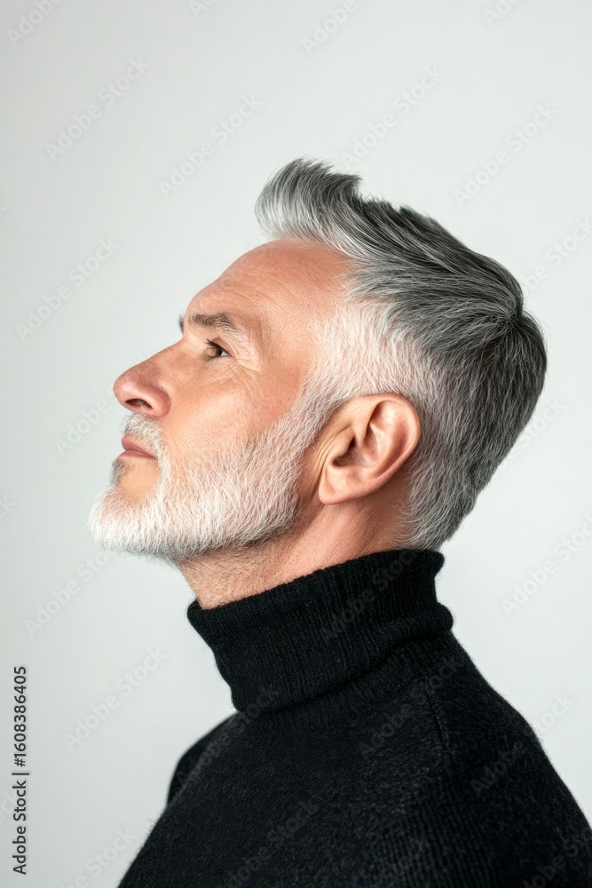 Obraz premium A charming male captured in a close-up studio shot. Visual idea art of style for aging men. Modish men's layered cut haircut - midlife arabian man with short hair. Pure white solid background.