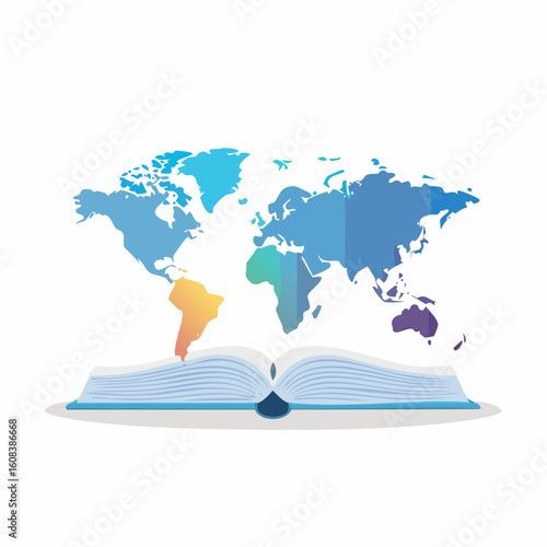 An open book reveals a colorful map of the world, representing global education and learning.
