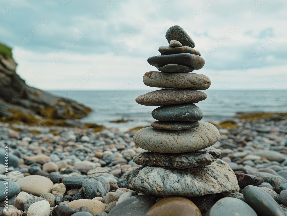 Fototapeta premium A small stack of rocks on a beach, suggesting tranquility and balance amidst nature.