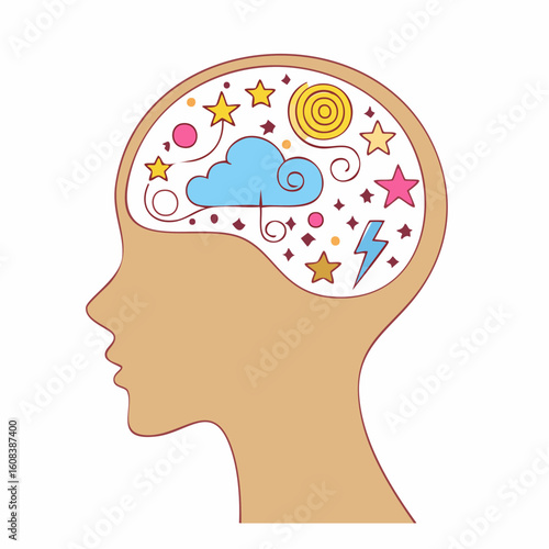 Illustration of a human head silhouette with a brain filled with symbolic elements representing thoughts, ideas, and emotions.