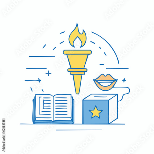 A conceptual line art illustration of democratic ideals with a flaming torch, open book, ballot box, and lips representing free speech.