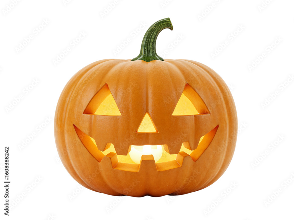 A classic carved halloween jack o lantern pumpkin with a glowing orange light inside isolated on transparent background A classic carved halloween jack o lantern pumpkin with a glowing orange light inside isolated on transparent background