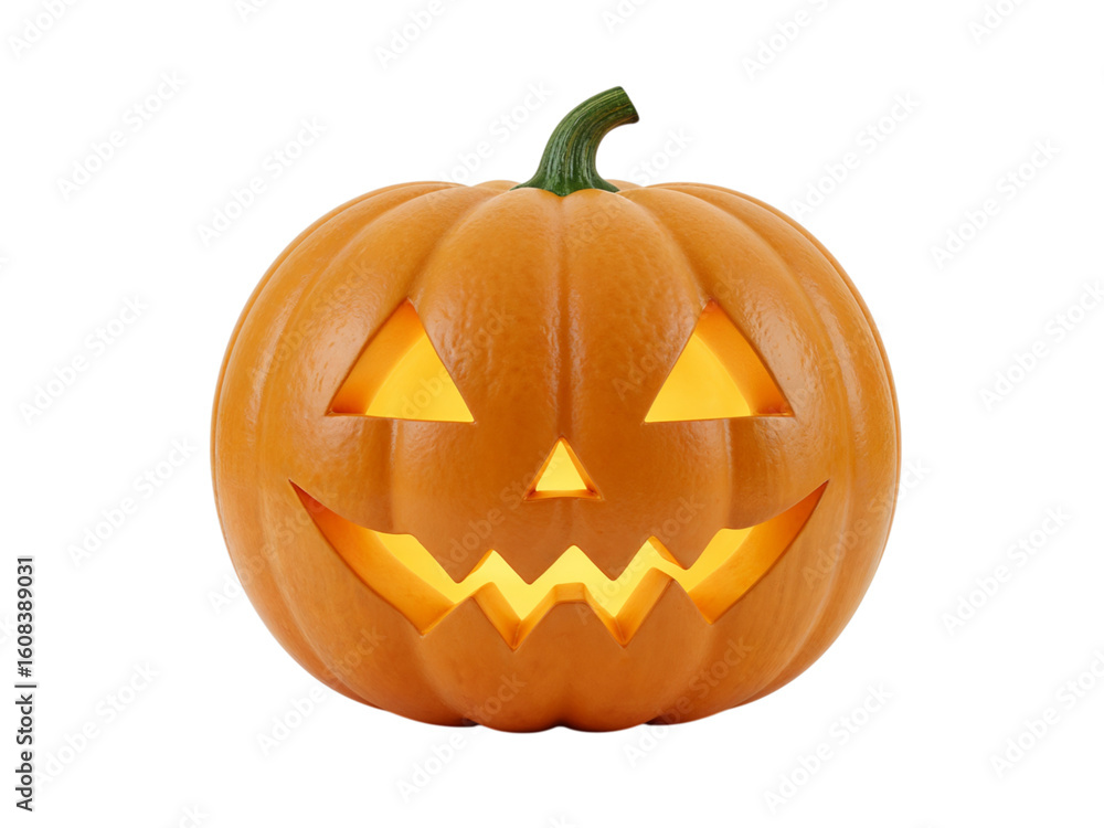 A carved halloween jack o lantern with a glowing orange light inside and a spooky face isolated on transparent background A carved halloween jack o lantern with a glowing orange light inside and a spooky face isolated on transparent background