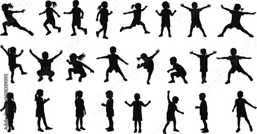 Silhouettes of children playing, jumping, and dancing actively, energetic movement, joyful kids, childhood fun, outdoor activities, creative illustration design