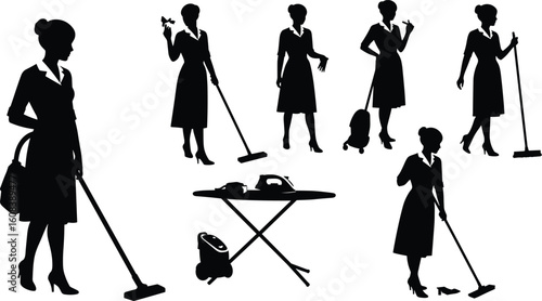 sweeping, ironing, domestic work, cleaning tools, maid duties, home chores, cleaning service illustration