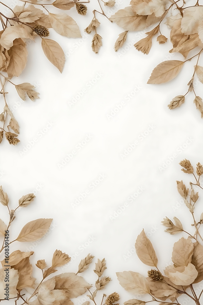 The minimalist composition features dried leaves and botanical elements in soft beige and brown tones, creating a clean, elegant, and organic aesthetic suitable for seasonal or nature-themed designs. The minimalist composition features dried leaves and botanical elements in soft beige and brown tones, creating a clean, elegant, and organic aesthetic suitable for seasonal or nature-themed designs.