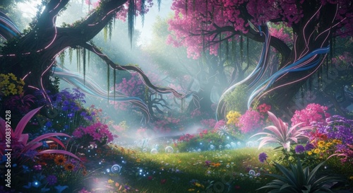 Enchanting mystical forest filled with glowing flora and winding lights creating a magical wonderland