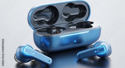 Sleek Metallic Blue True Wireless Earbuds with Charging Case and Illuminated Accents