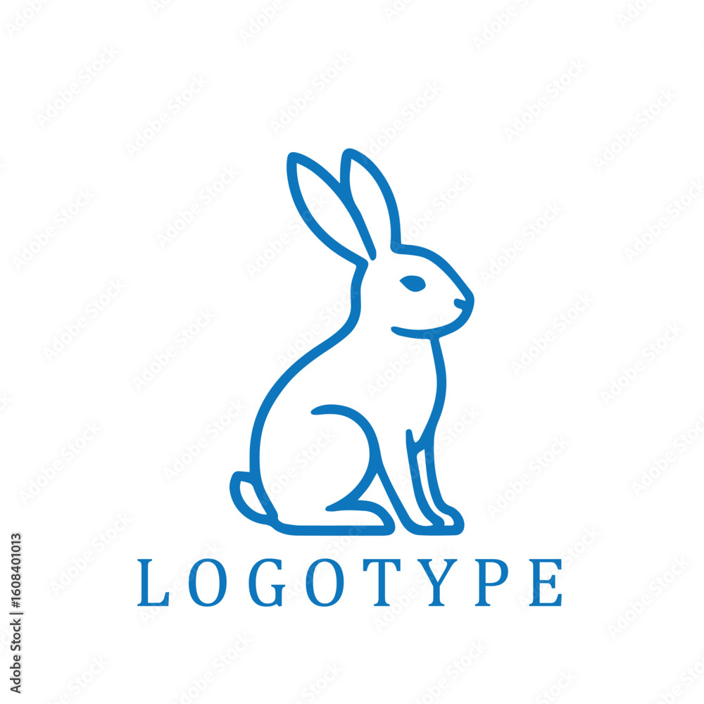Fototapeta premium A minimalist blue and white logo featuring a calm rabbit sitting upright. Rendered in clean line art, the rabbit’s long ears and composed posture evoke elegance and simplicity.