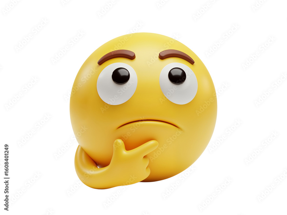 Fototapeta premium Yellow thinking emoji with a finger on its chin contemplating a difficult question or problem isolated on transparent background