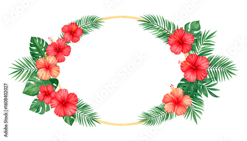 Oval frame of vibrant hibiscus flowers and tropical leaves isolated on transparent background, perfect for summer invitations or announcements.