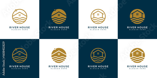 set of Minimalist line abstract house with river logo design