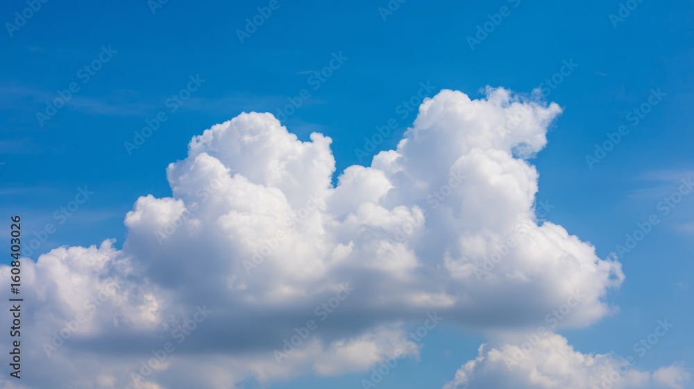 Naklejka premium Fluffy cumulus cloud against a clear blue sky, creating a serene summer atmosphere.