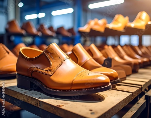 Tan leather shoes on wooden shelves in a factory