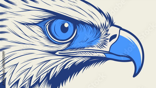 Detailed illustration of an eagle head with blue eye and beak on a light background artfully rendered