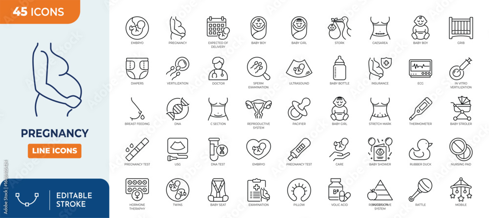 Fototapeta premium Pregnancy Line Editable Icons set. Contain icons related to motherhood, fertility, hormone therapy, medical examination, and more. Editable stroke. Vector illustration