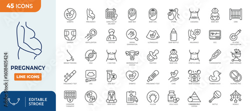 Pregnancy Line Editable Icons set. Contain icons related to motherhood, fertility, hormone therapy, medical examination, and more. Editable stroke. Vector illustration