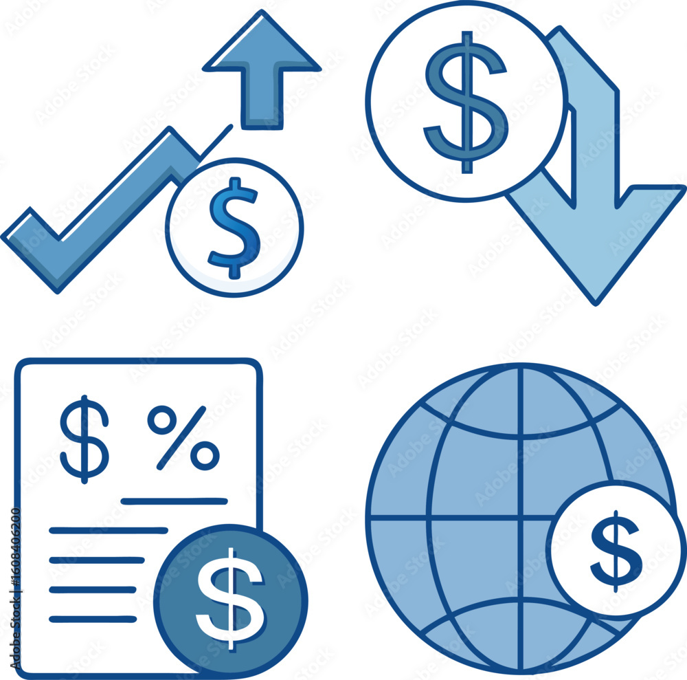 Economic indicators and financial symbols depicting global finance and investment concepts Economic indicators and financial symbols depicting global finance and investment concepts