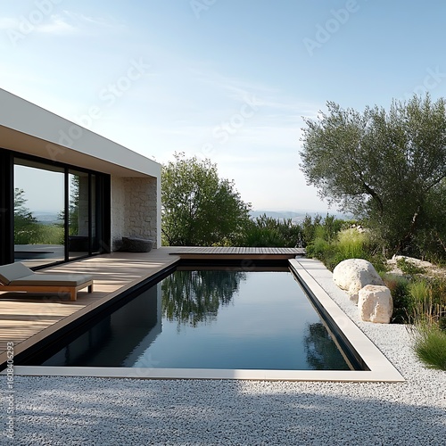 Luxurious Modern Villa with Sleek Infinity Pool Surrounded by Minimalist Outdoor Lounge and Natural Landscape


