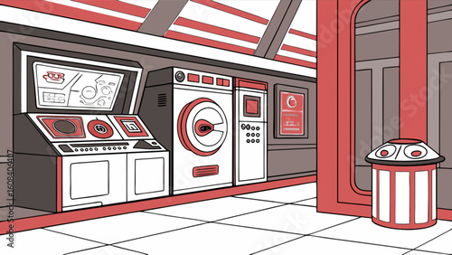 Interior view of a futuristic room with control panels and a cylindrical trash can near a doorway