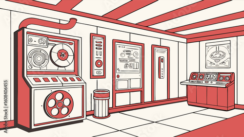 Retro control room with tape drives console and wall displays in red and white color scheme design