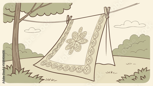 A patterned blanket hangs on a clothesline between a tree and bushes in a yard outside drawing