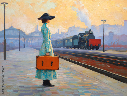 woman waiting for her train at busy urban railway station with suitcase