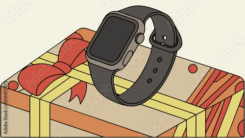 An apple watch rests atop a wrapped gift box adorned with a red bow and yellow ribbon design element