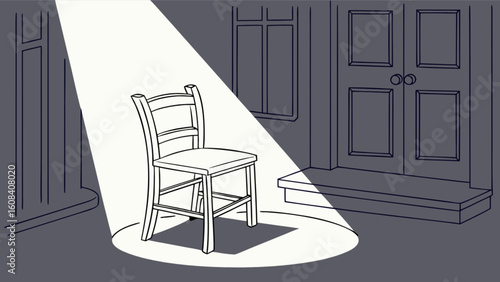 A spotlight shines on a wooden chair in a room with paneled walls and a double doored cabinet behind