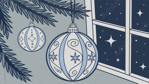 Christmas ornaments hanging from a tree branch with a starry night seen through a window pane