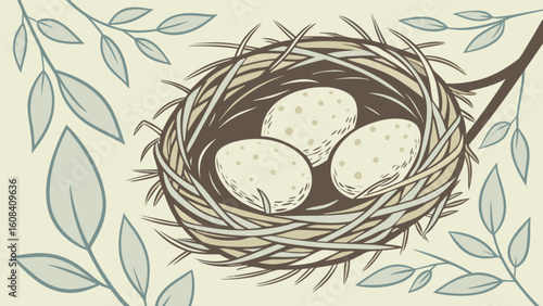 A nest with three speckled eggs resting on a branch surrounded by leaves in a decorative illustration