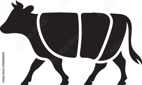 A black silhouette of a cow with butcher cut lines. Vector illustration of beef cuts for a meat shop.