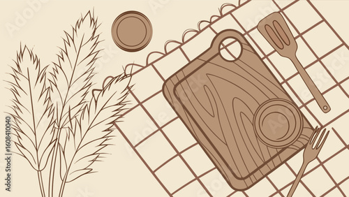 Illustration of a cutting board, spatula, fork, plate, and wheat on a checkered tablecloth