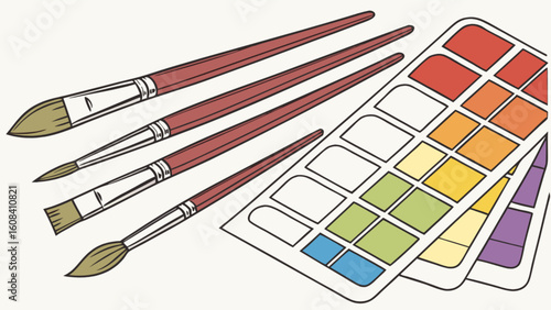 An illustration showing paint brushes with brown handles and a color palette with various colors