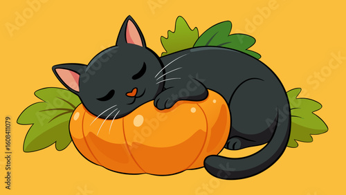 Black Cat Sleeping On A Pumpkin | Halloween Cut File