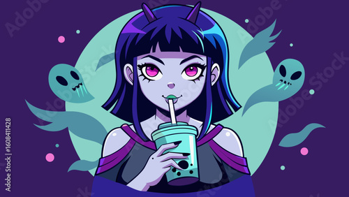Goth Girl Ghost Sipping Bubble Tea | Halloween Cut File