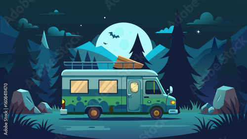 Haunted Camper Van Under Moonlight | Halloween Cut File