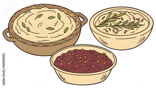 Three bowls filled with different food items including mashed potatoes and beans are displayed here