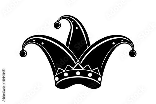 Black silhouette of a jester hat with bells