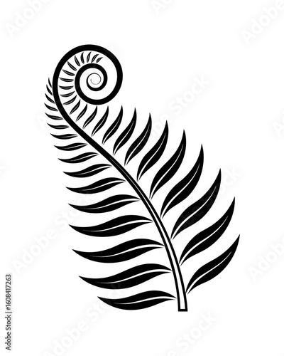 Stylized black and white fern frond unfurling