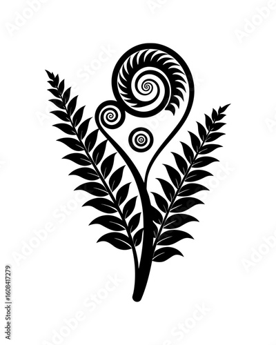 Stylized black fern frond with unfurling spiral