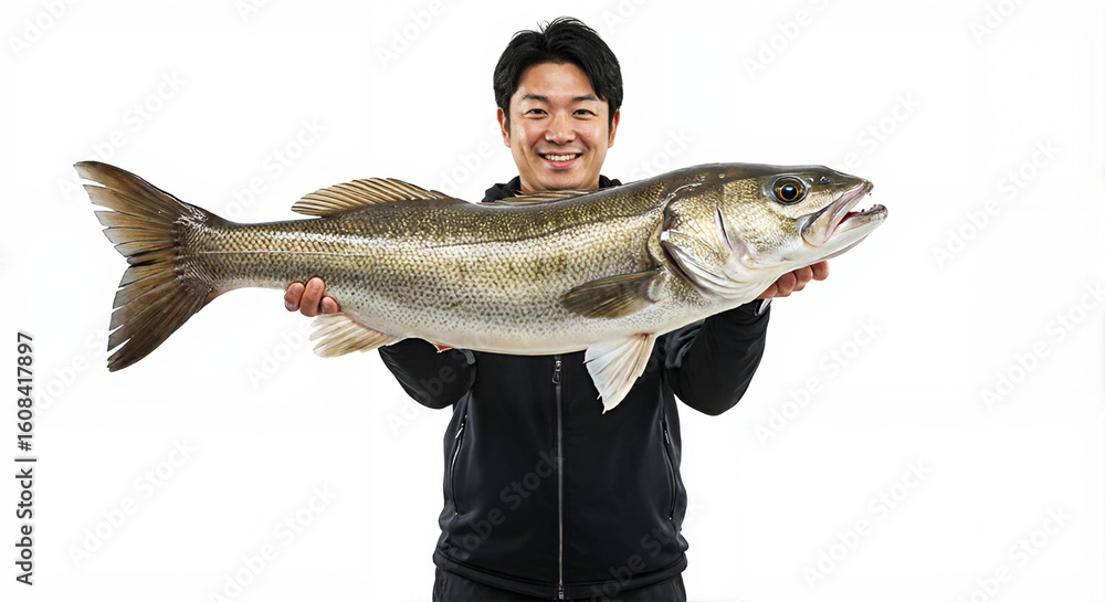 Obraz premium 大物を釣り上げた笑顔の日本人男性、白背景で釣果を見せるプロポートレート、成功したフィッシングの記録 -生成AI
