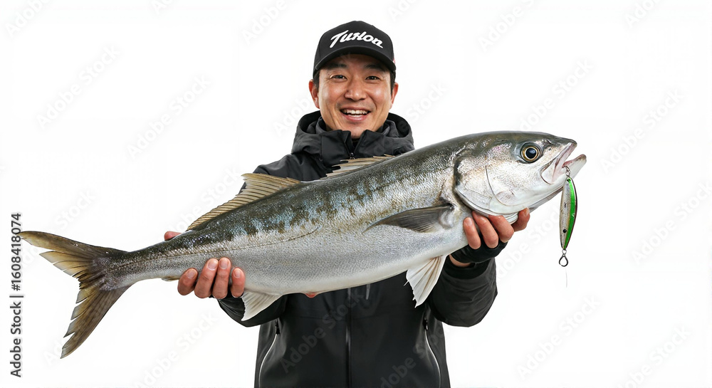 Obraz premium 大物を釣り上げた笑顔の日本人男性、白背景で釣果を見せるプロポートレート、成功したフィッシングの記録 -生成AI