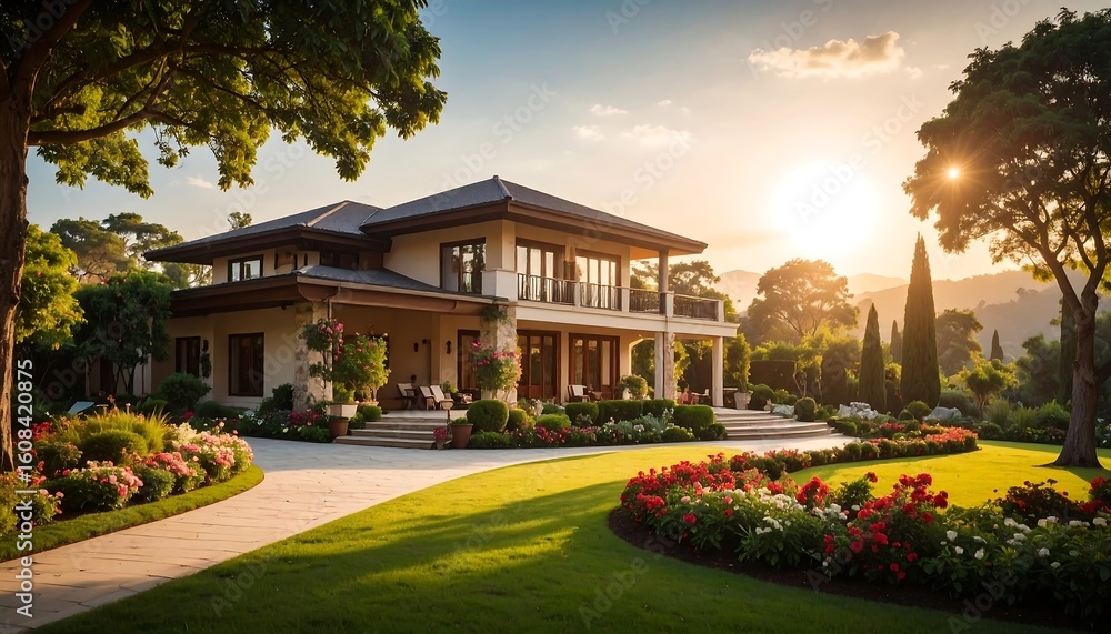 Fototapeta premium Luxurious home with lush landscaping at sunset