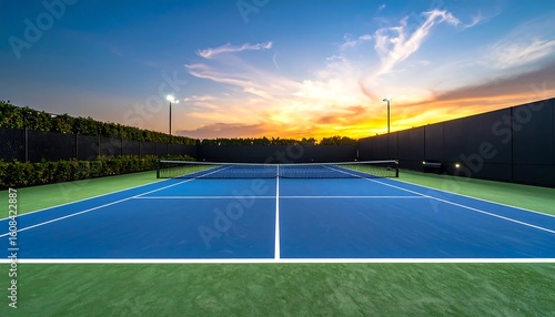 Tennis court at sunset.  Spacious court with blue hard court, green border.  Soft light from sunset.  Fenced court, landscaped