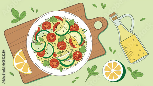 Delicious summer salad recipe with quinoa tomatoes and cucumbers on a wooden board healthy eating concept