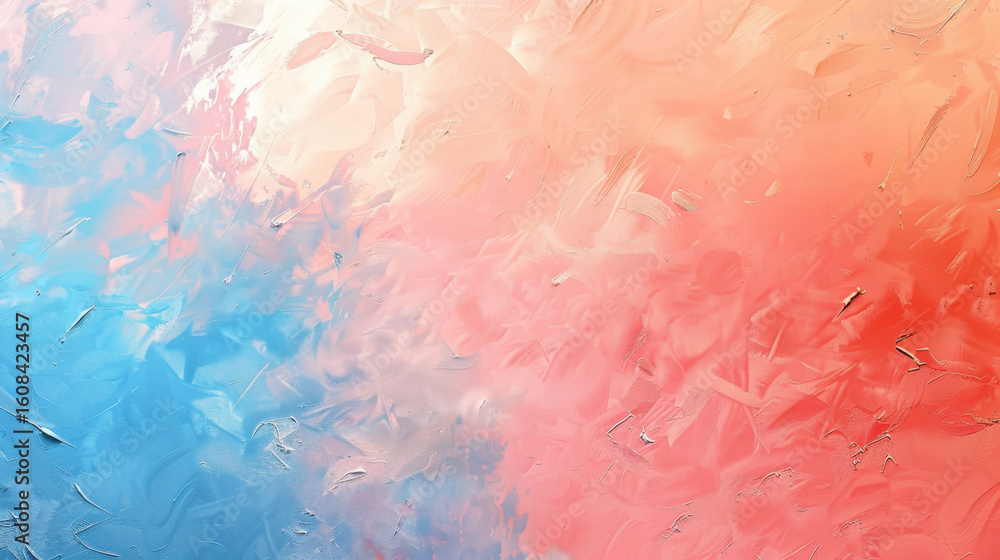 Fototapeta premium Light pastel gradient with subtle grain texture creates soothing visual experience, blending soft hues of blue and coral. This abstract design evokes calmness and creativity