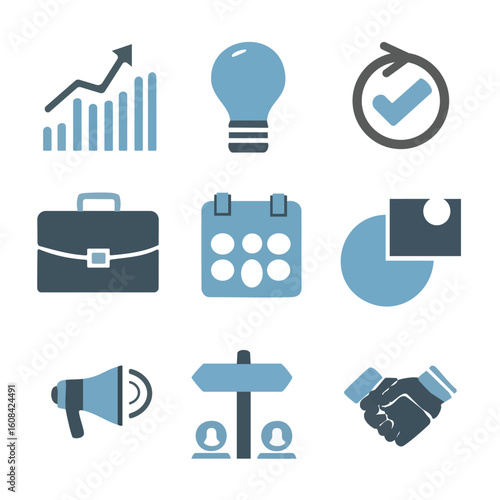 Blue and gray business icons including graph lightbulb calendar briefcase and handshake