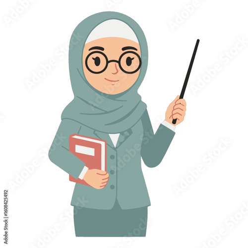 Smiling woman in hijab and business suit, giving a presentation with a pointer and book.