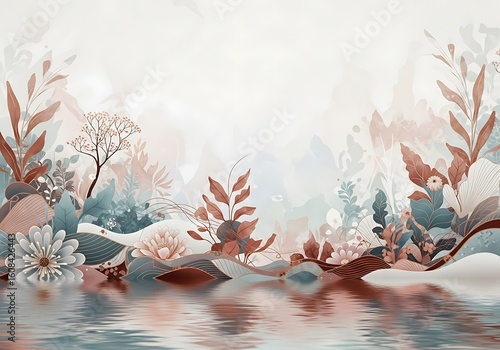 Tranquil floral reflection scene featuring a serene water landscape and delicate flora creating a